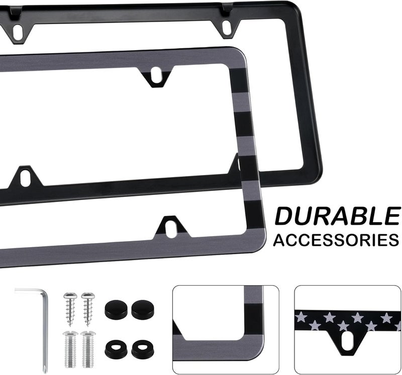 alpmosn 2PCS Stainless Steel License Plate Frames, 4 Holes Car Licence Plate Covers with Screws Washers and Caps, Car Exterior Accessories, License Plate Holder for US Vehicles (Black Flag) - Image 3